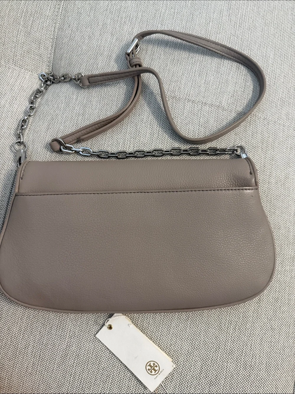 Tory Burch Beige Leather Crossbody Clutch with rare Silver Logo